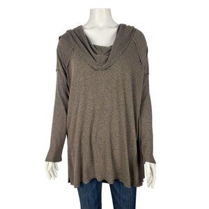 Soft Surroundings Cowl Hooded Raw Hem Pullover Large Taupe Brown Tunic Top Shirt